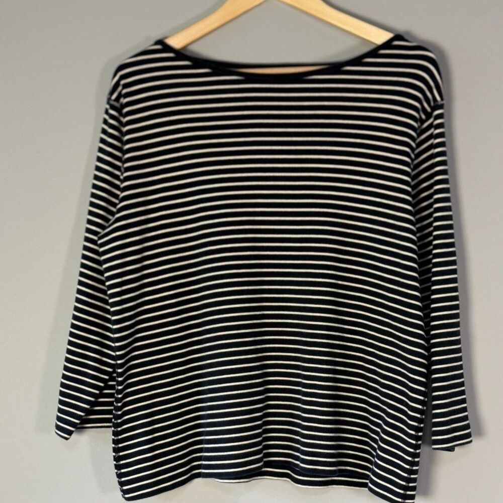 Lands’ End Navy Breton Stripe Boatneck XL 18-20 3/4 Sleeve Coastal Grandma